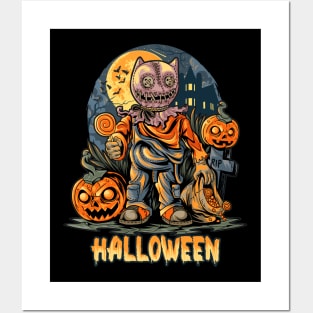 Halloween night and pumpkin zombie Posters and Art